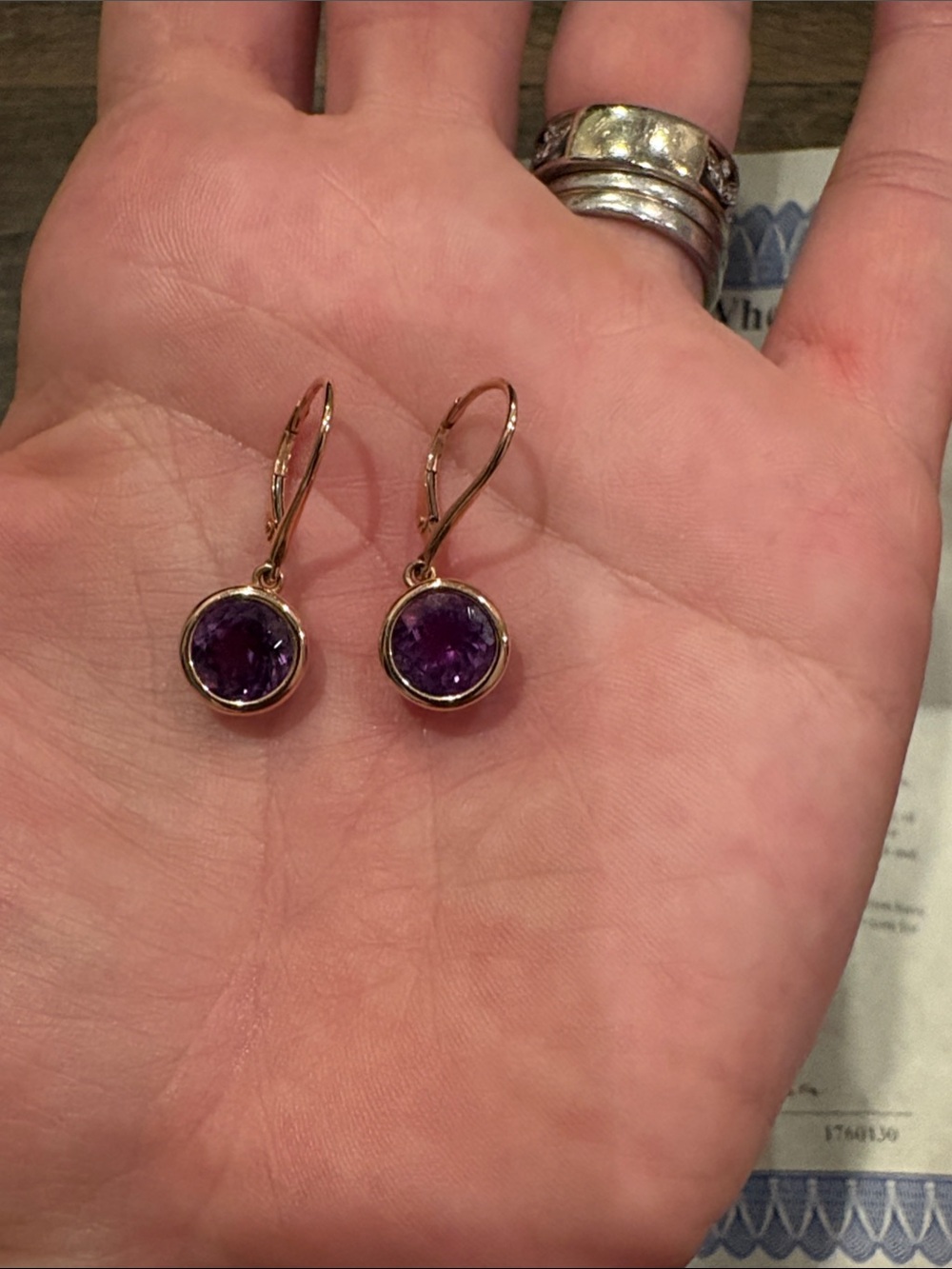 14 k rose Gold papered Drop Earrings amethyst Stone like new